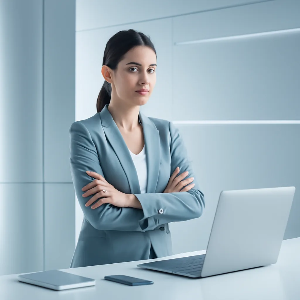 Sleek futuristic corporate aesthetic, confident and efficient mood,