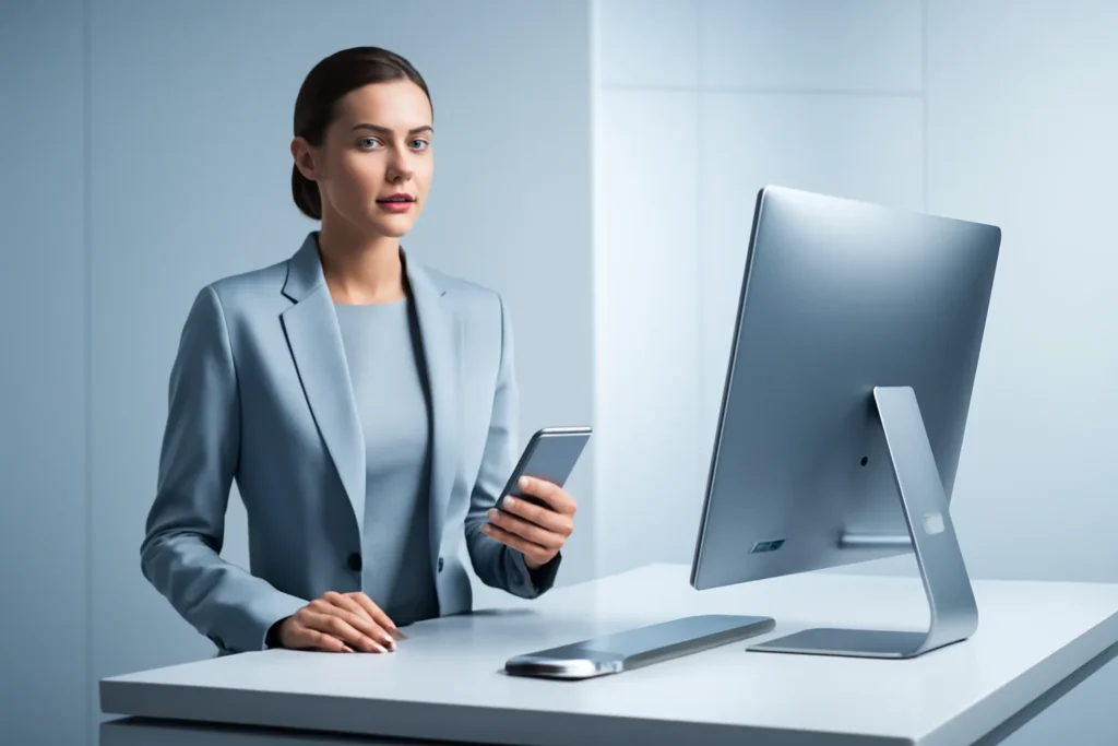 Sleek futuristic corporate aesthetic, confident and efficient mood,