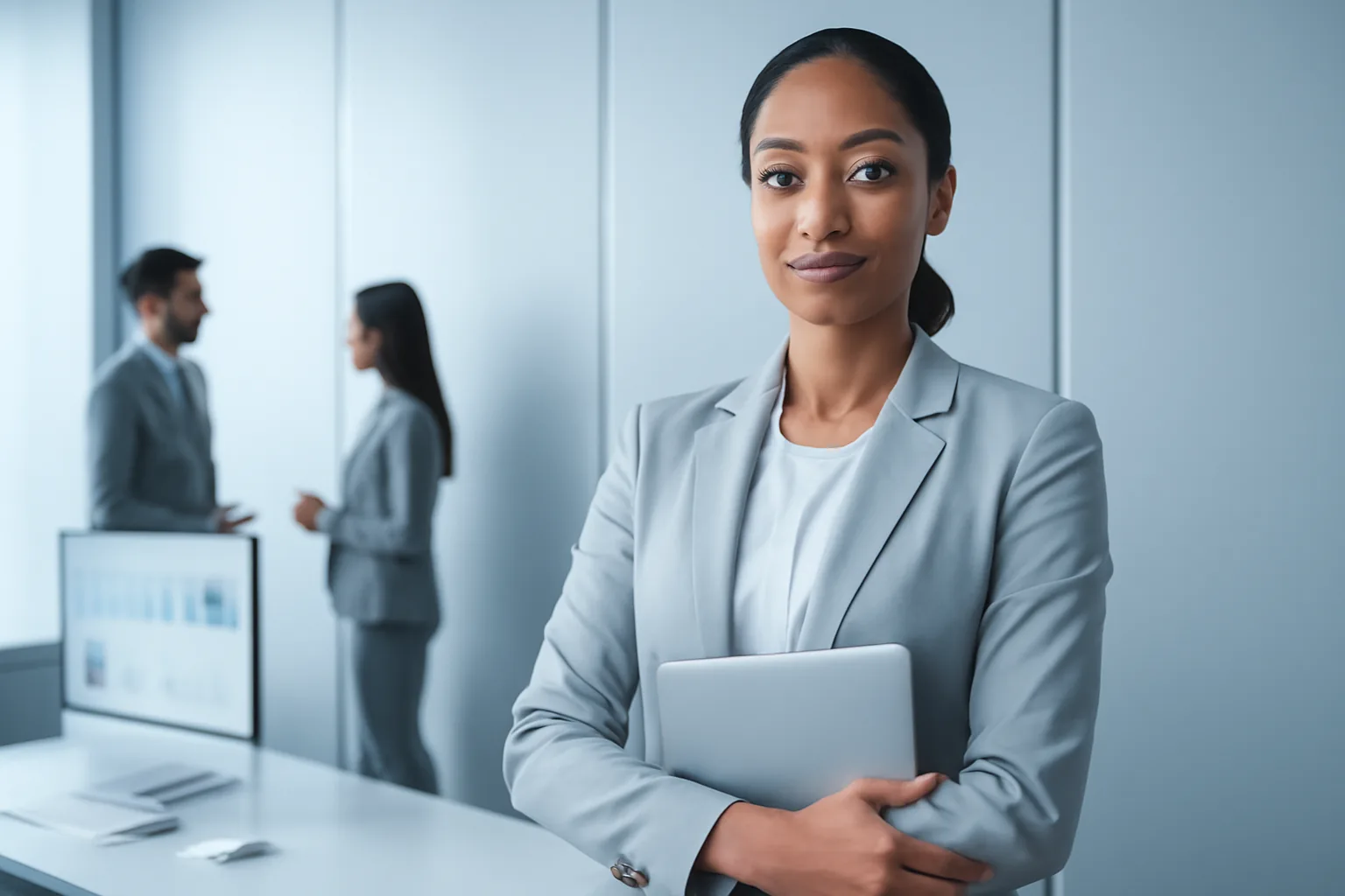 Sleek futuristic corporate aesthetic, confident and efficient mood,