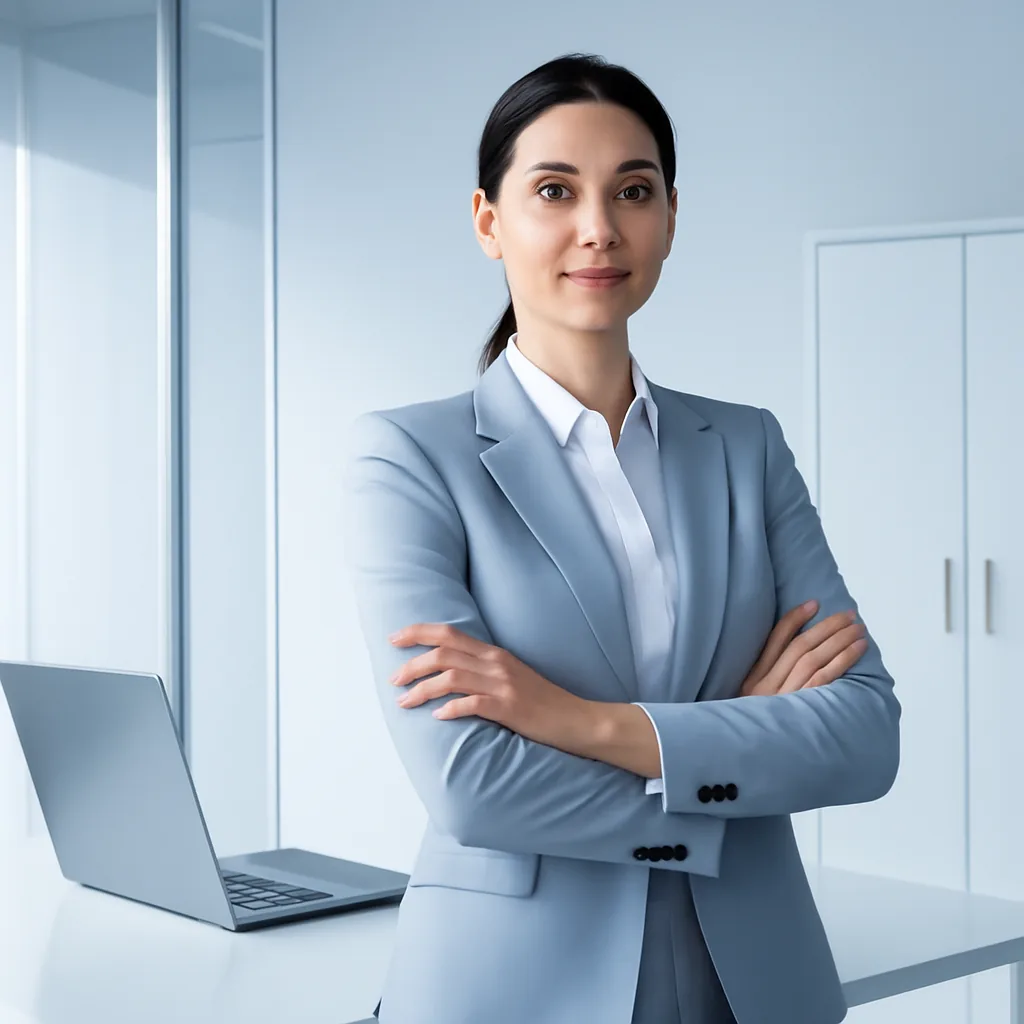 Sleek futuristic corporate aesthetic, confident and efficient mood,