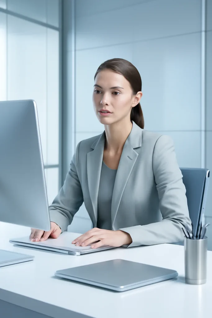 Sleek futuristic corporate aesthetic, confident and efficient mood,