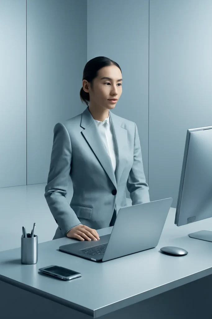 Sleek futuristic corporate aesthetic, confident and efficient mood,