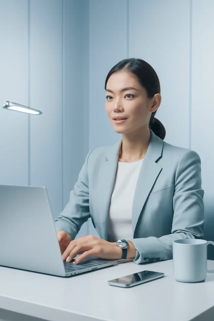Sleek futuristic corporate aesthetic, confident and efficient mood,
