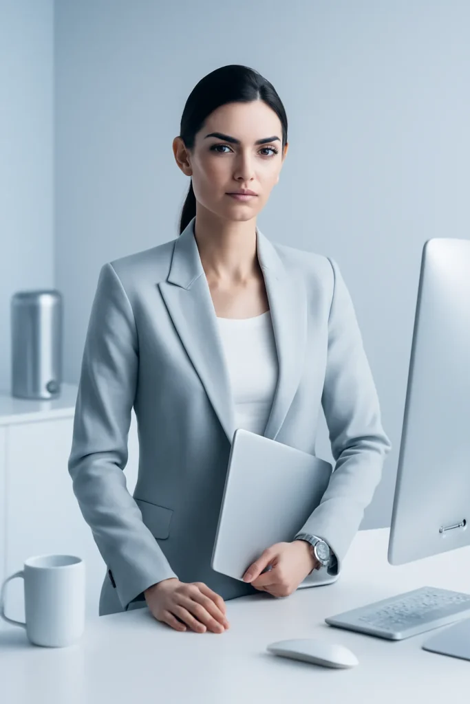 Sleek futuristic corporate aesthetic, confident and efficient mood,