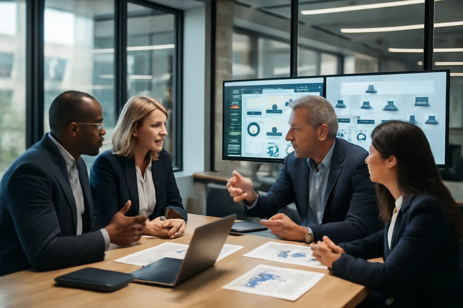 Professional business consulting team reviewing ERP dashboards and