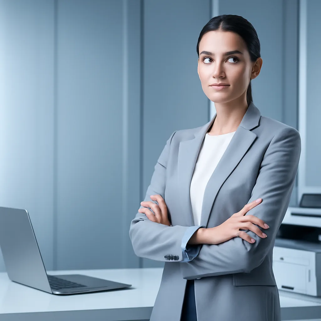 Sleek futuristic corporate aesthetic, confident and efficient mood,