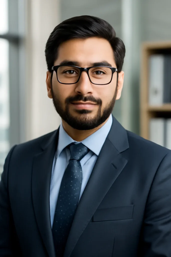 Professional portrait of a Pakistani accounting consultant in